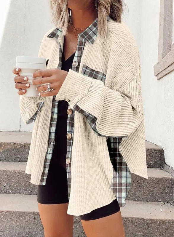 Waffle Knit Plaid Shacket Boyfriend Button Down Shirt Jacket Loose Long Sleeve Tops