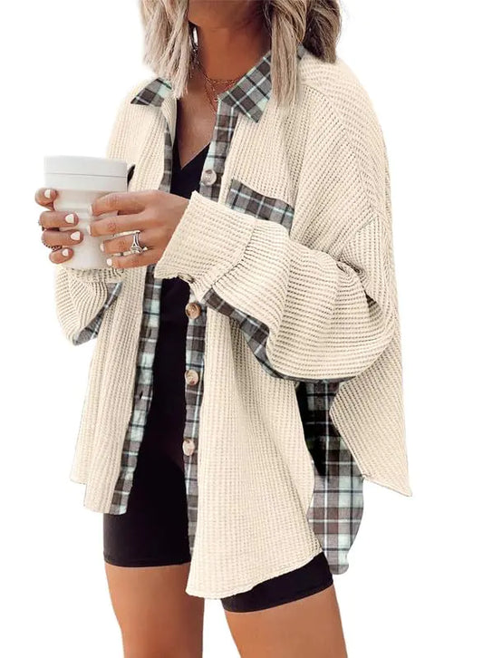 Waffle Knit Plaid Shacket Boyfriend Button Down Shirt Jacket Loose Long Sleeve Tops