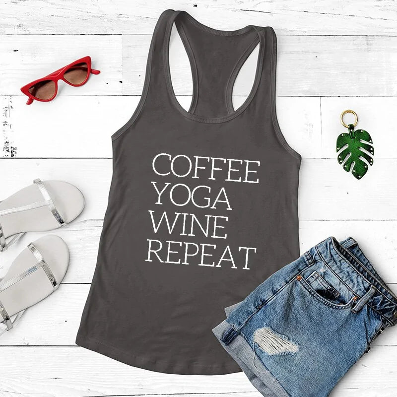 Tank Top Repeat Coffee, Yoga, Wine: Women's Funny Racerback Tank for Gym and Summer Workouts