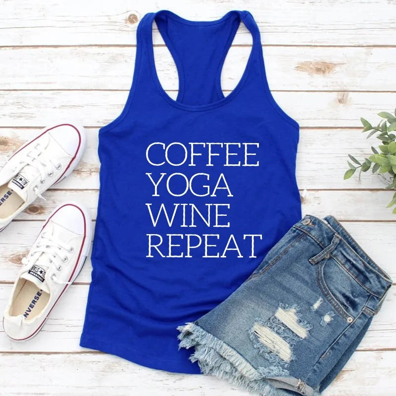 Tank Top Repeat Coffee, Yoga, Wine: Women's Funny Racerback Tank for Gym and Summer Workouts