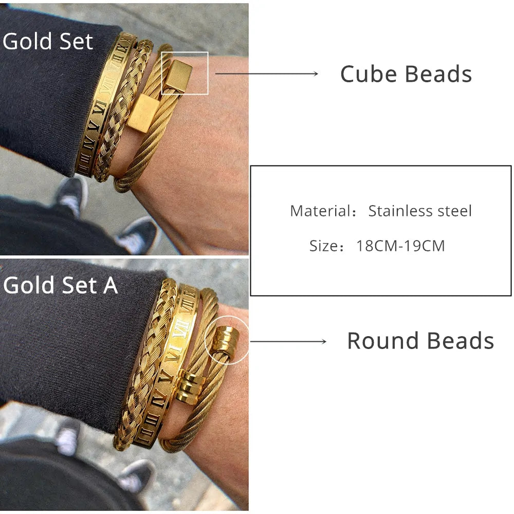 Luxury 3-piece Stainless Steel Bracelet Set with Roman Numeral Charm in Gold Color for Men