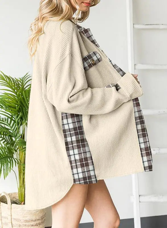 Waffle Knit Plaid Shacket Boyfriend Button Down Shirt Jacket Loose Long Sleeve Tops