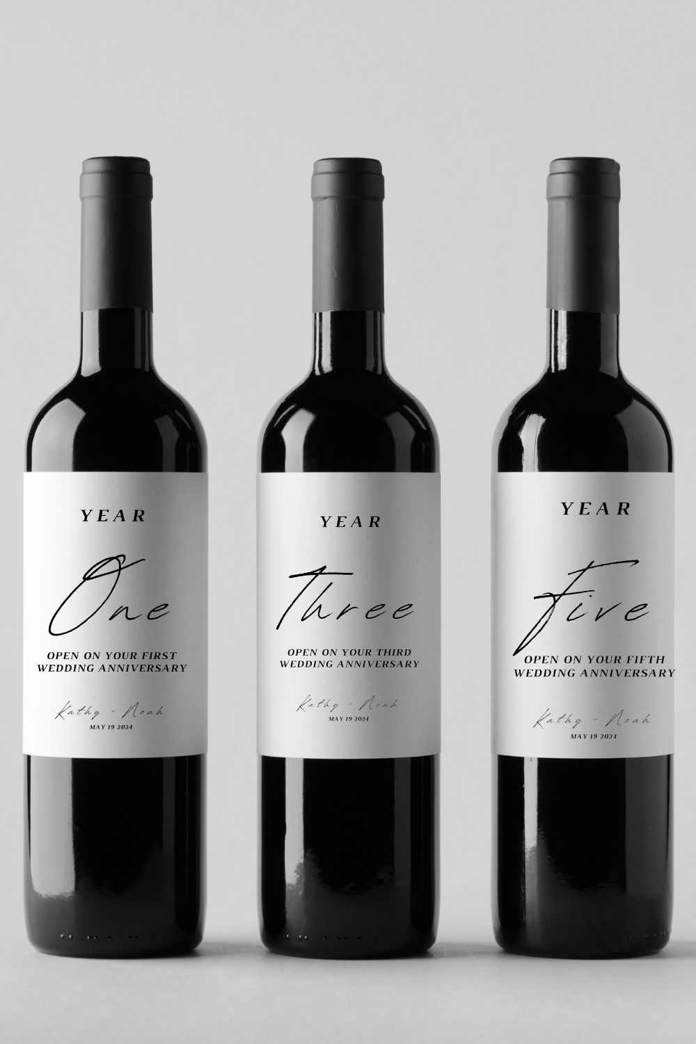 Image of all three wine labels year year one year two and year three as examples of what the marriage milestone label will look like once applied to the wine bottles.