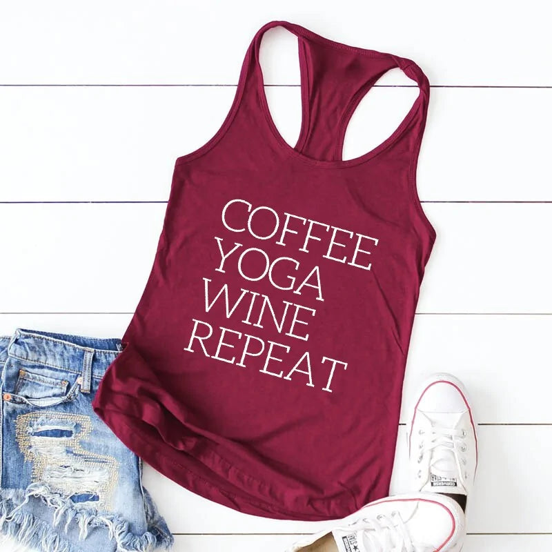 Tank Top Repeat Coffee, Yoga, Wine: Women's Funny Racerback Tank for Gym and Summer Workouts