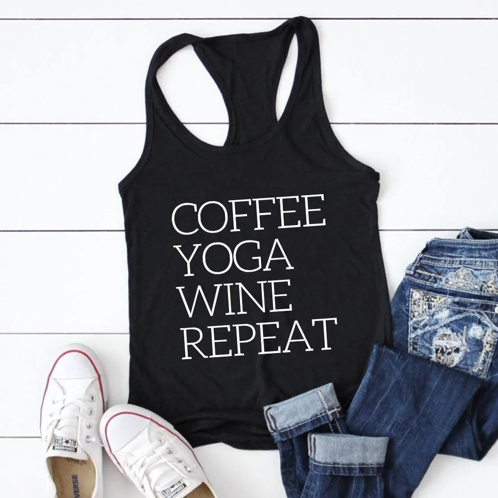 Tank Top Repeat Coffee, Yoga, Wine: Women's Funny Racerback Tank for Gym and Summer Workouts