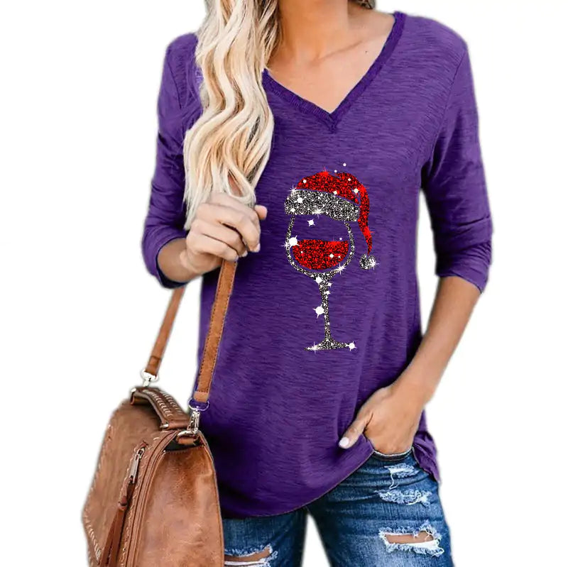 Christmas Wine Glass Print Blouse