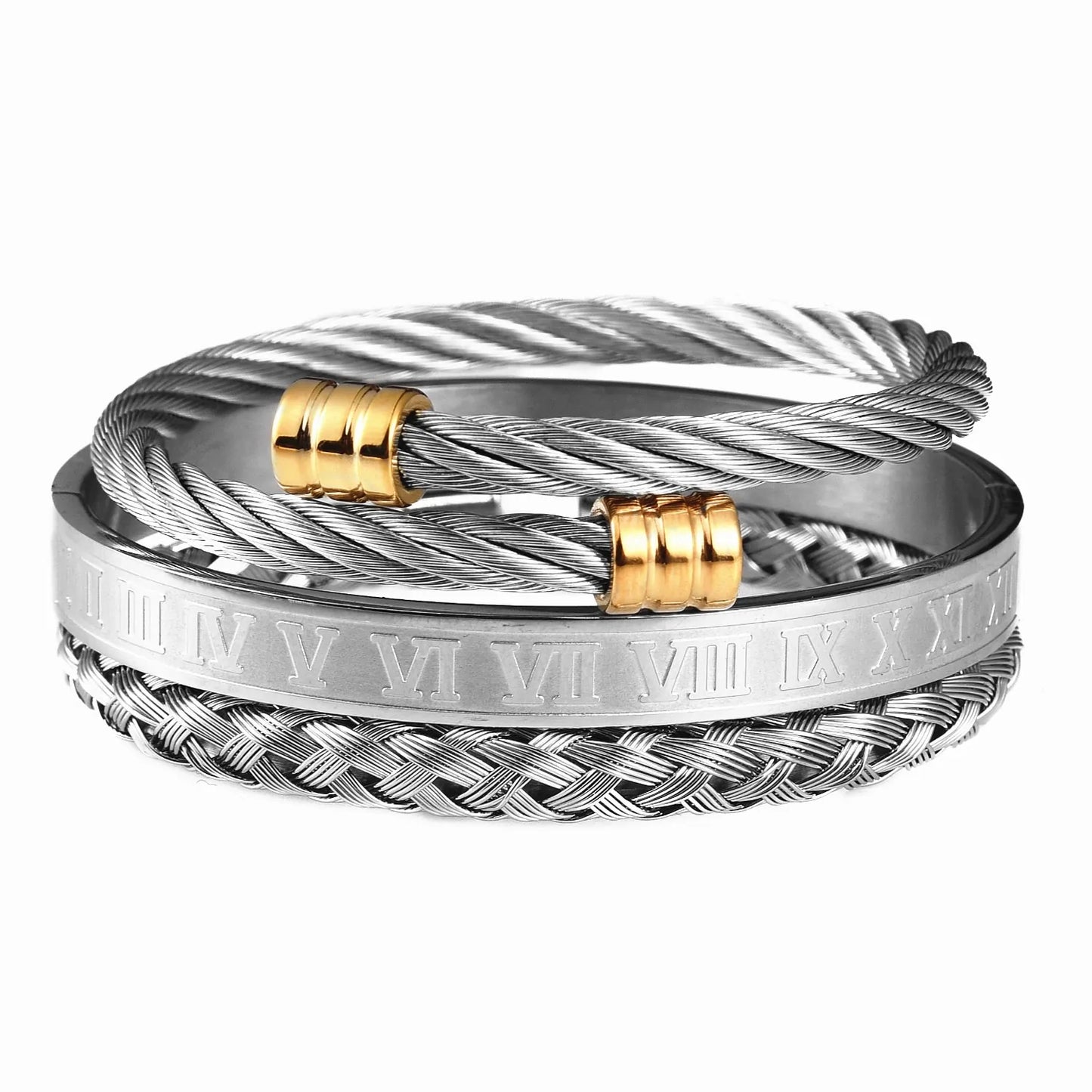 Luxury 3-piece Stainless Steel Bracelet Set with Roman Numeral Charm in Gold Color for Men