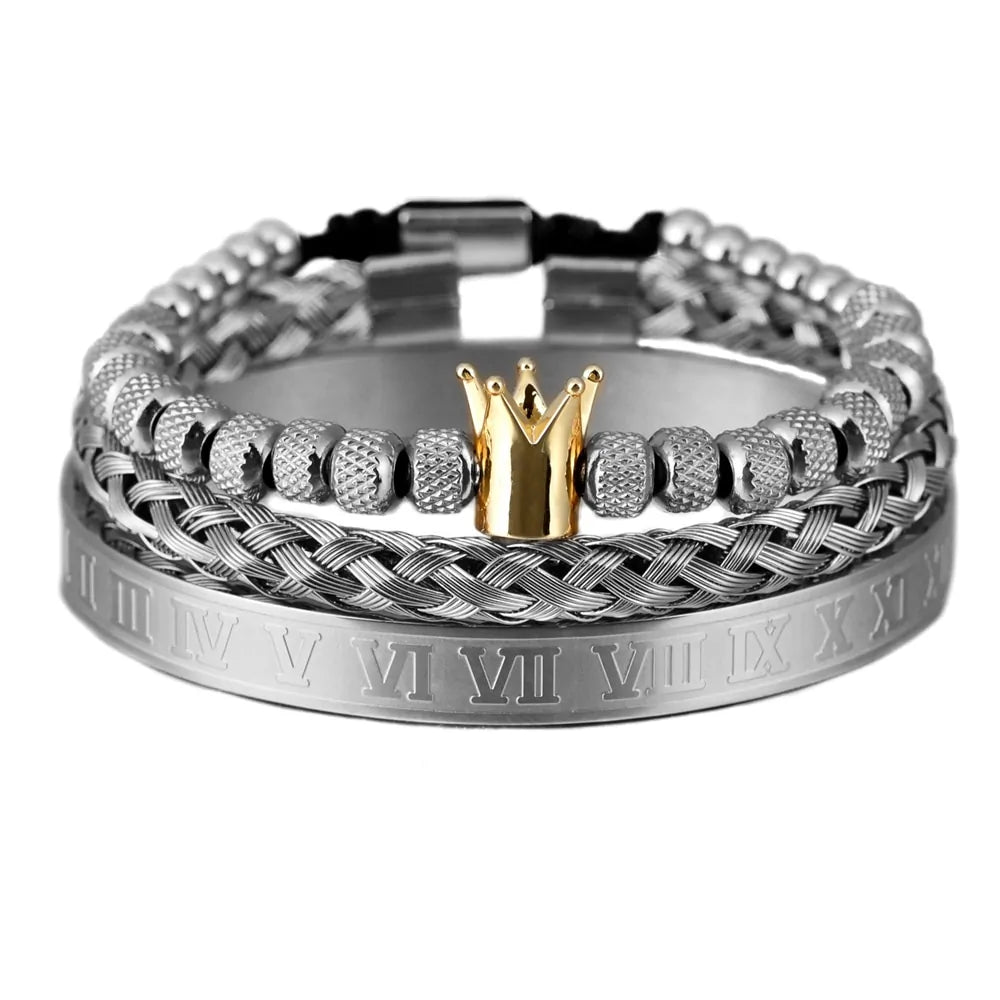 Luxury 3-piece Stainless Steel Bracelet Set with Roman Numeral Charm in Gold Color for Men