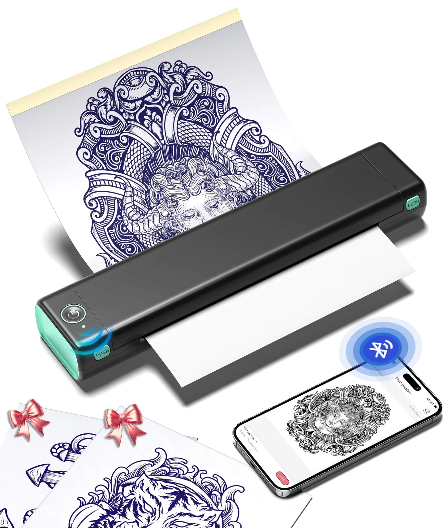 Wireless Tattoo Transfer Stencil Printer, Tattoo Transfer Thermal Copier Machine with 10pcs Free Transfer Paper, Tattoo Printer Kit for Tattoo Artists, Compatible with Smartphone & PC Green & White