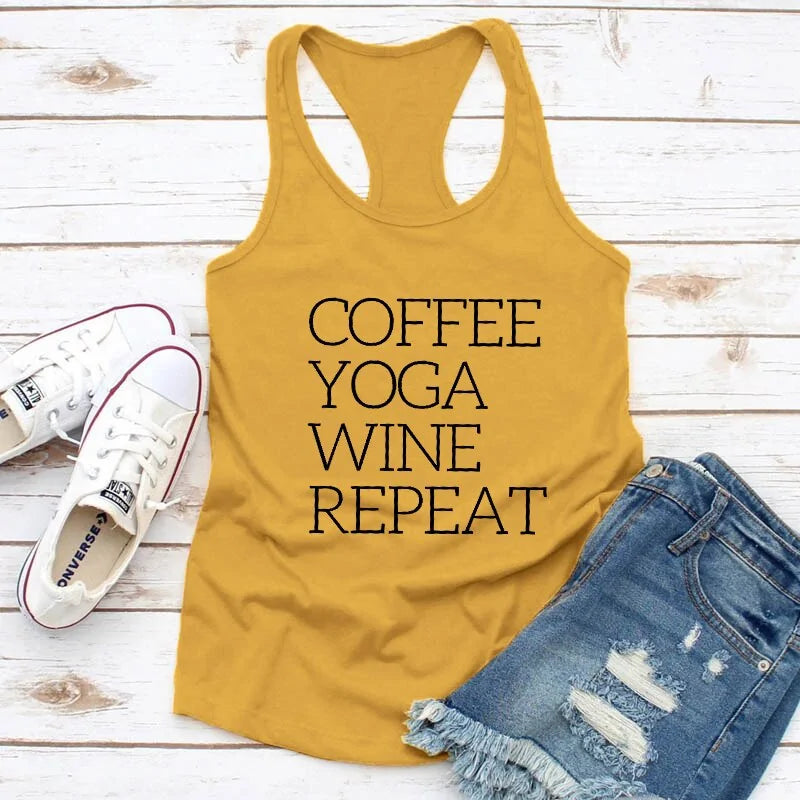 Tank Top Repeat Coffee, Yoga, Wine: Women's Funny Racerback Tank for Gym and Summer Workouts