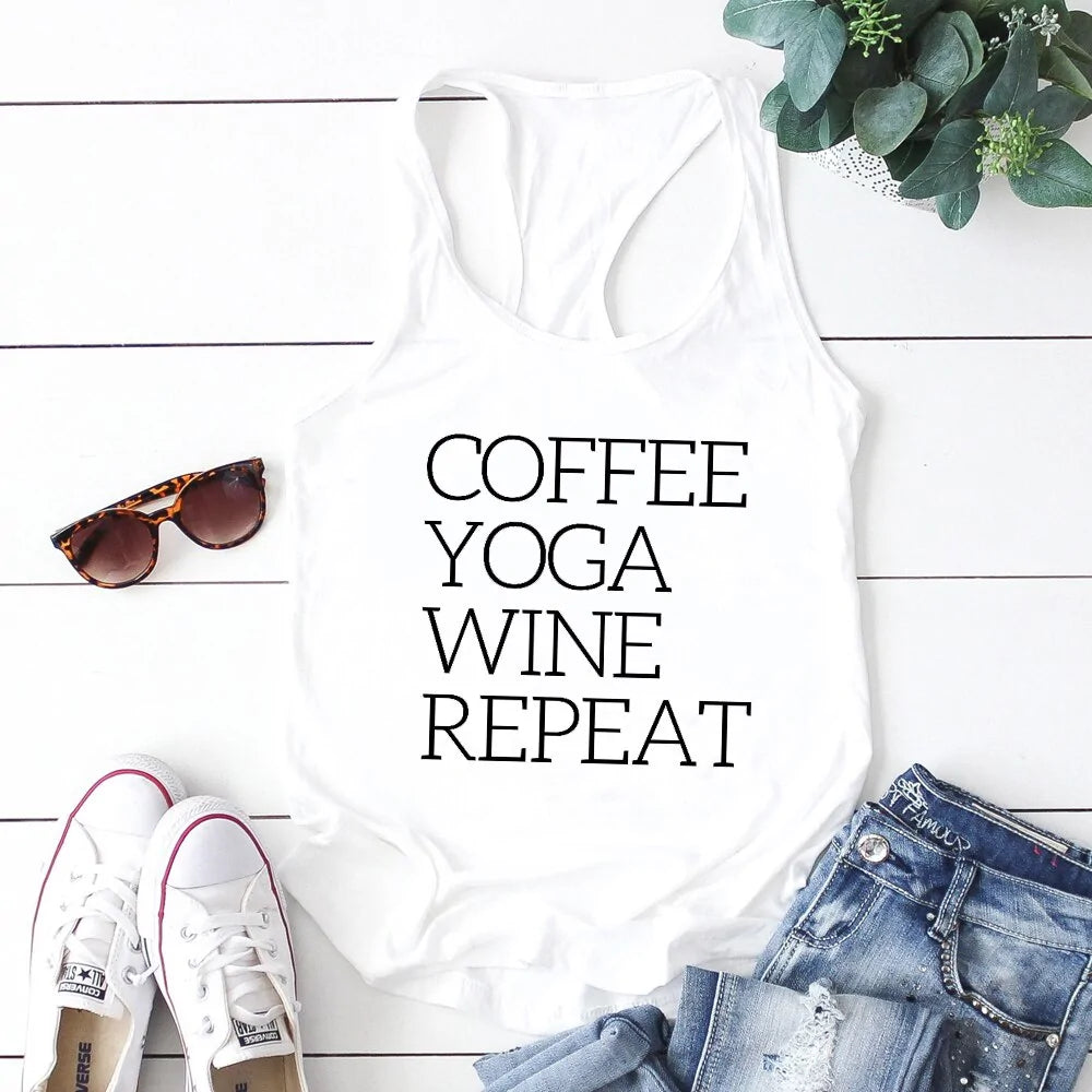 Tank Top Repeat Coffee, Yoga, Wine: Women's Funny Racerback Tank for Gym and Summer Workouts