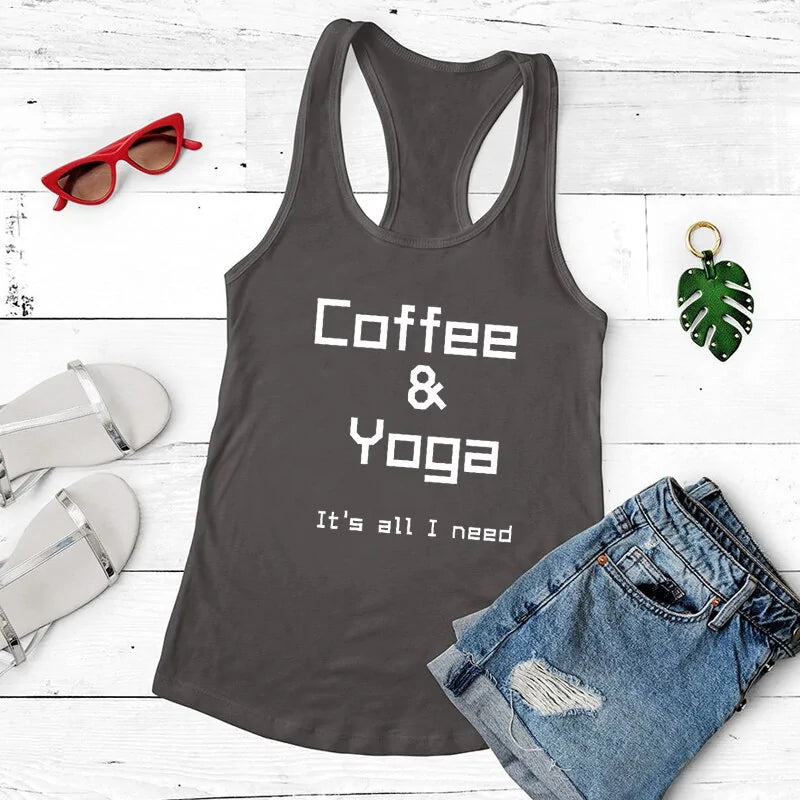 Tank Top Repeat Coffee, Yoga, Wine: Women's Funny Racerback Tank for Gym and Summer Workouts